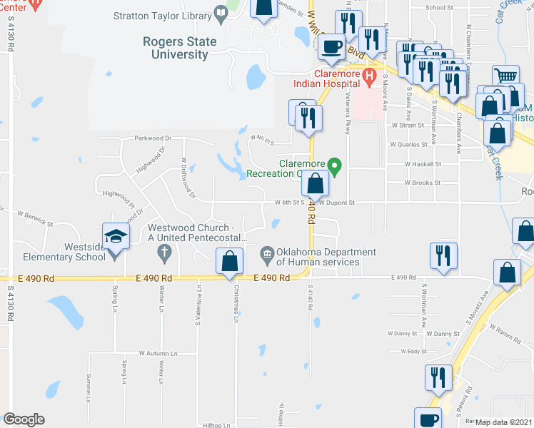 map of restaurants, bars, coffee shops, grocery stores, and more near 636 Earthside Drive in Claremore