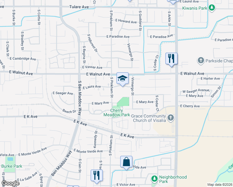 map of restaurants, bars, coffee shops, grocery stores, and more near 2121 East Laura Avenue in Visalia