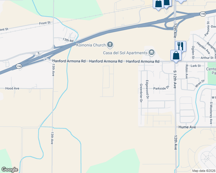 map of restaurants, bars, coffee shops, grocery stores, and more near 12589 Hanford Armona Road in Hanford