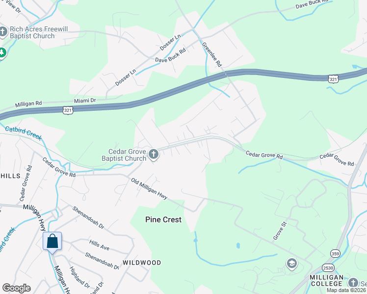 map of restaurants, bars, coffee shops, grocery stores, and more near 303 Cedar Grove Road in Johnson City