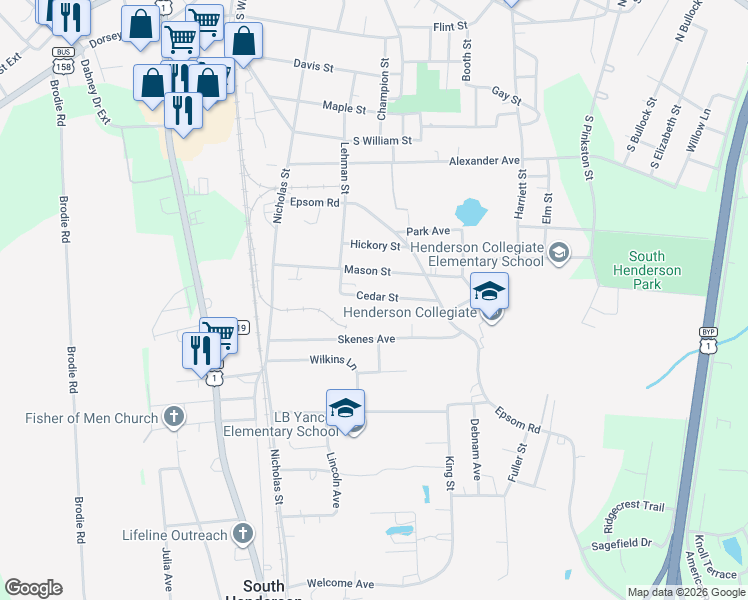 map of restaurants, bars, coffee shops, grocery stores, and more near 368 Cedar Street in Henderson