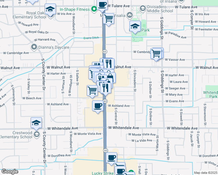map of restaurants, bars, coffee shops, grocery stores, and more near 2238 South Mooney Boulevard in Visalia