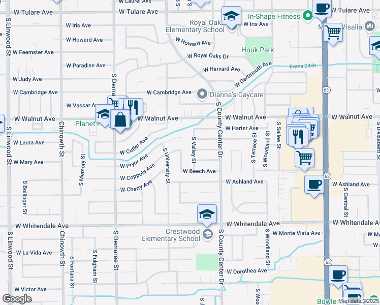 map of restaurants, bars, coffee shops, grocery stores, and more near 2229 South Valley Street in Visalia