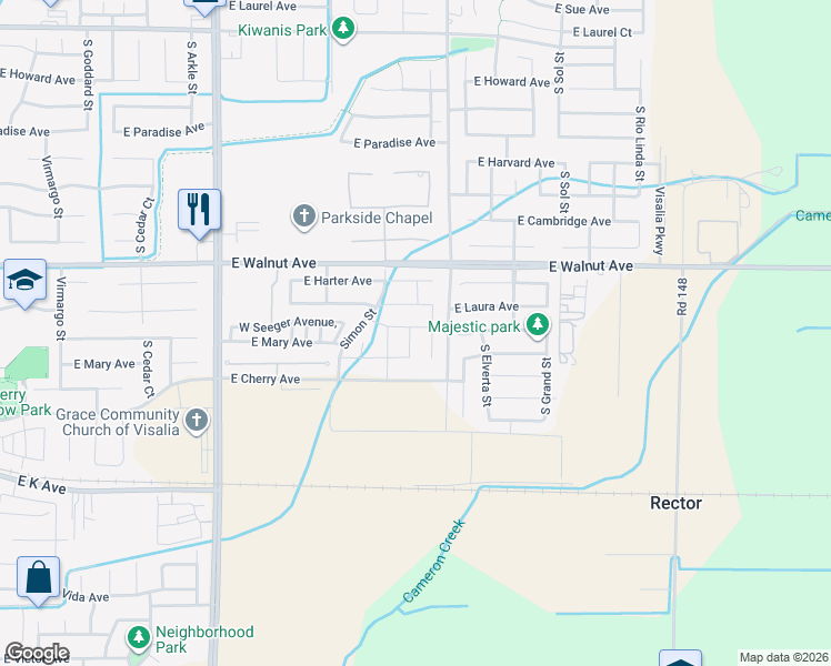map of restaurants, bars, coffee shops, grocery stores, and more near 3603 East Seeger Avenue in Visalia