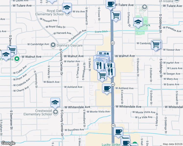 map of restaurants, bars, coffee shops, grocery stores, and more near 2236 South Sallee Street in Visalia