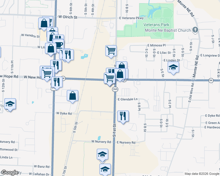 map of restaurants, bars, coffee shops, grocery stores, and more near 1900 South 1st Street in Rogers