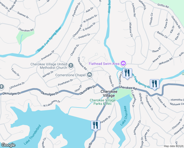 map of restaurants, bars, coffee shops, grocery stores, and more near 13 Many Moons Trce in Cherokee Village