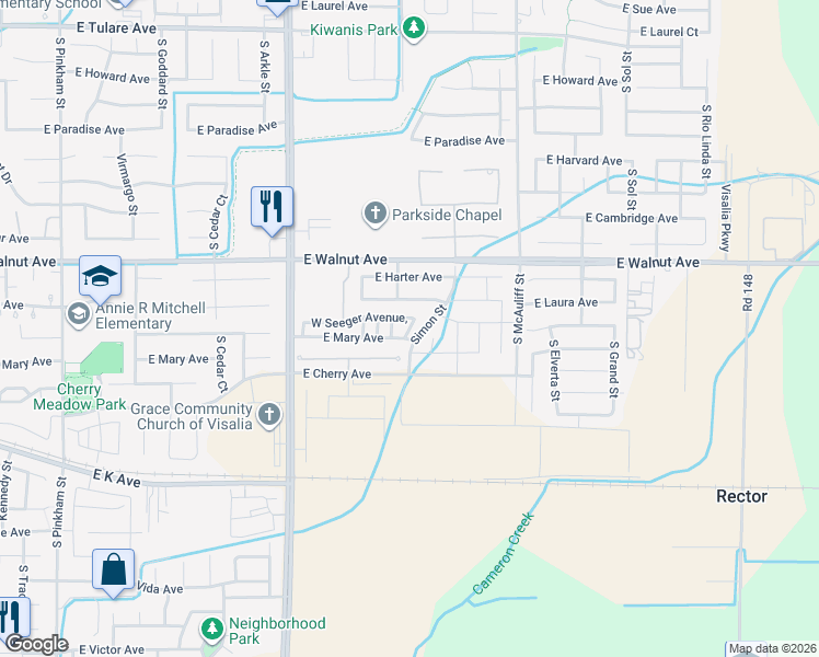map of restaurants, bars, coffee shops, grocery stores, and more near North Crumal Court in Visalia