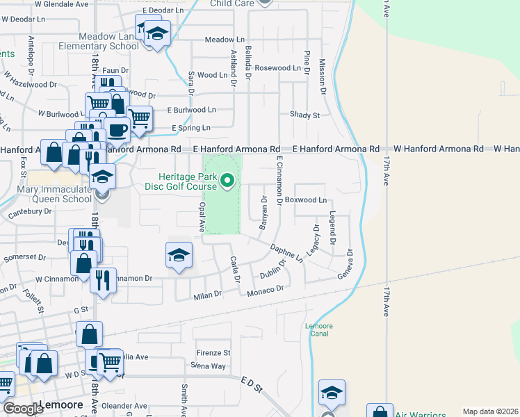 map of restaurants, bars, coffee shops, grocery stores, and more near 913 Banyan Drive in Lemoore