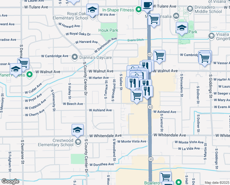 map of restaurants, bars, coffee shops, grocery stores, and more near 2230 South Woodland Street in Visalia
