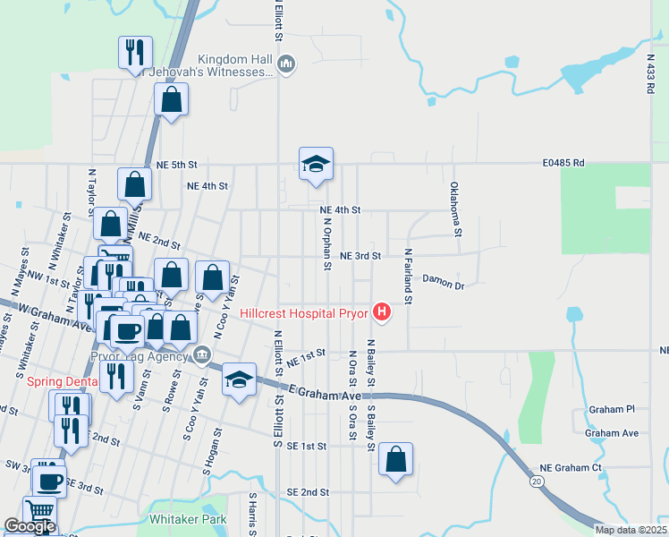 map of restaurants, bars, coffee shops, grocery stores, and more near 221 North Orphan Street in Pryor
