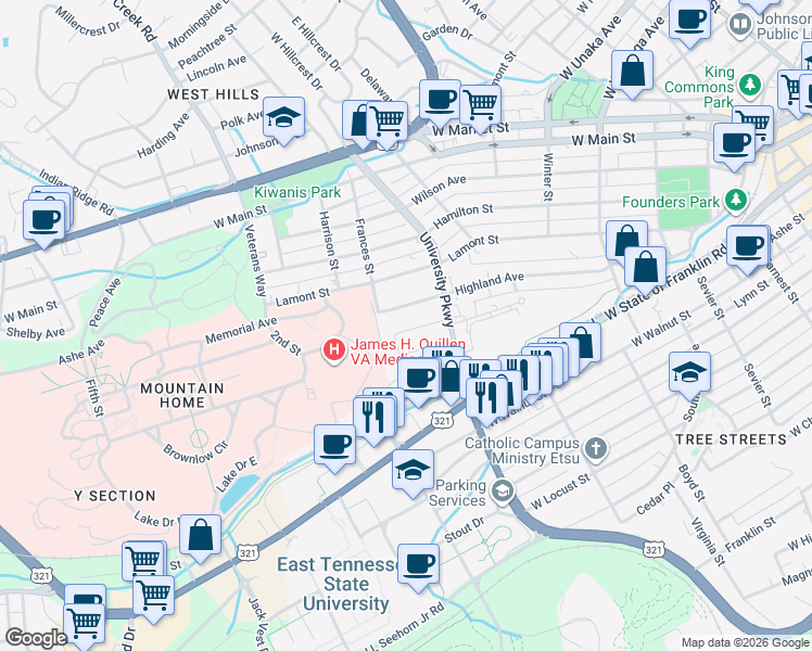 map of restaurants, bars, coffee shops, grocery stores, and more near 516 Lee Circle in Johnson City
