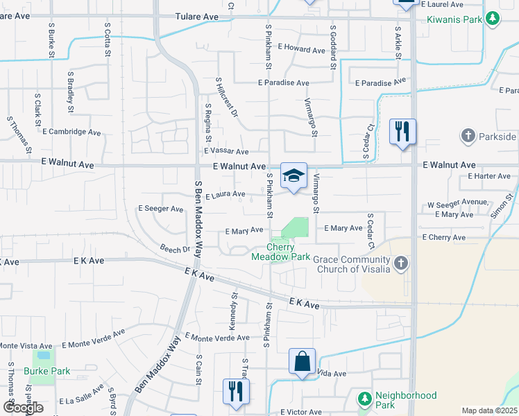 map of restaurants, bars, coffee shops, grocery stores, and more near 2036 East Seeger Avenue in Visalia