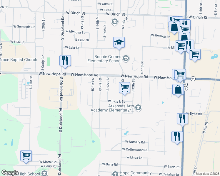 map of restaurants, bars, coffee shops, grocery stores, and more near 1909 South 15th Street in Rogers