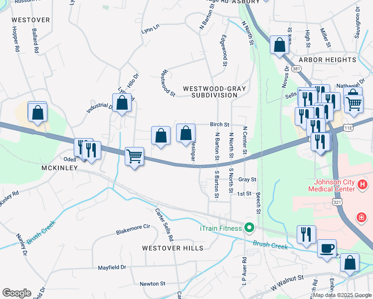 map of restaurants, bars, coffee shops, grocery stores, and more near 605 Wesinpar in Johnson City