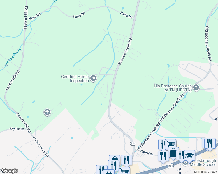 map of restaurants, bars, coffee shops, grocery stores, and more near 1071 Boones Creek Road in Jonesborough
