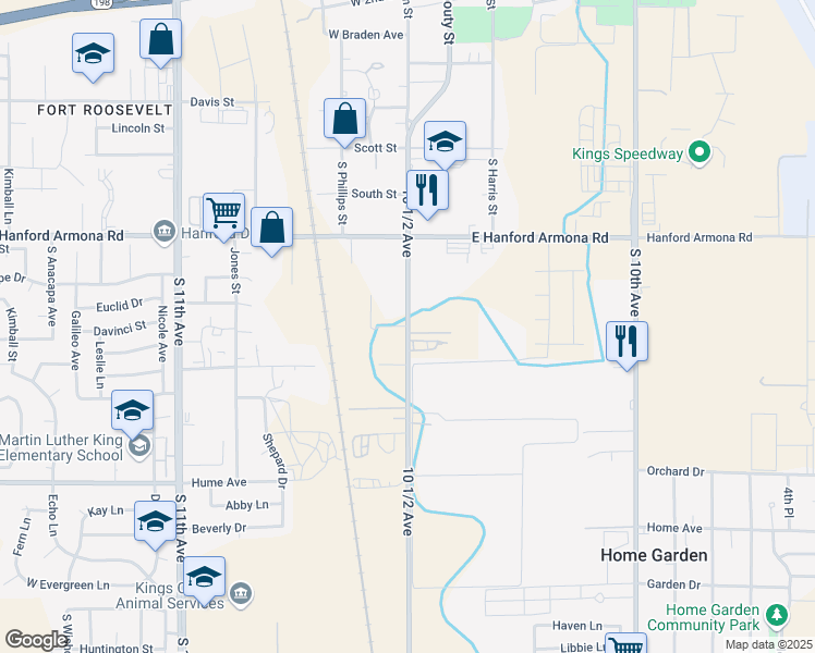 map of restaurants, bars, coffee shops, grocery stores, and more near West Highland Street in Hanford
