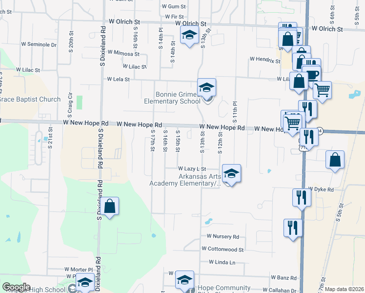 map of restaurants, bars, coffee shops, grocery stores, and more near 1909 South 15th Street in Rogers