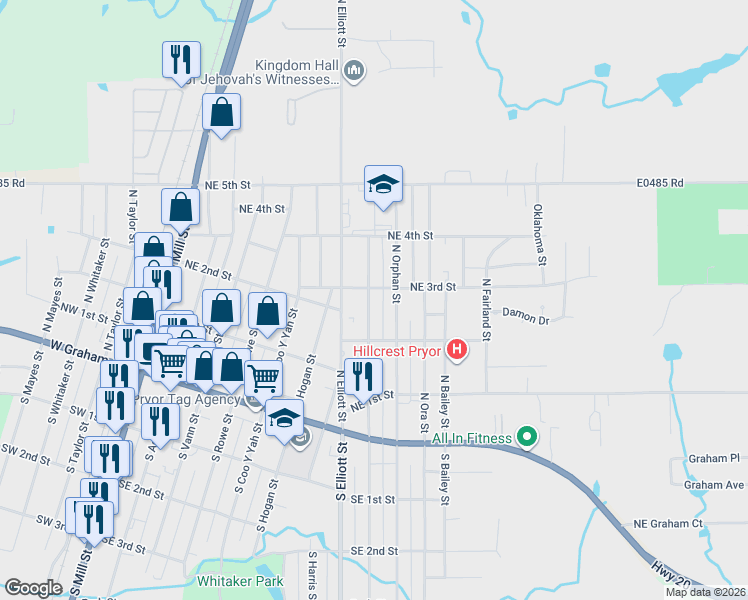 map of restaurants, bars, coffee shops, grocery stores, and more near 221 North Indianola Street in Pryor
