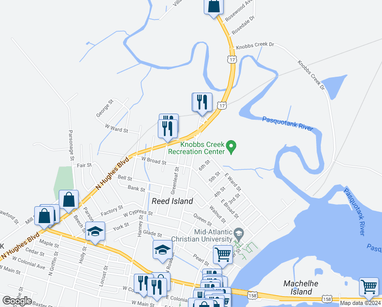 map of restaurants, bars, coffee shops, grocery stores, and more near 911 North Road Street in Elizabeth City