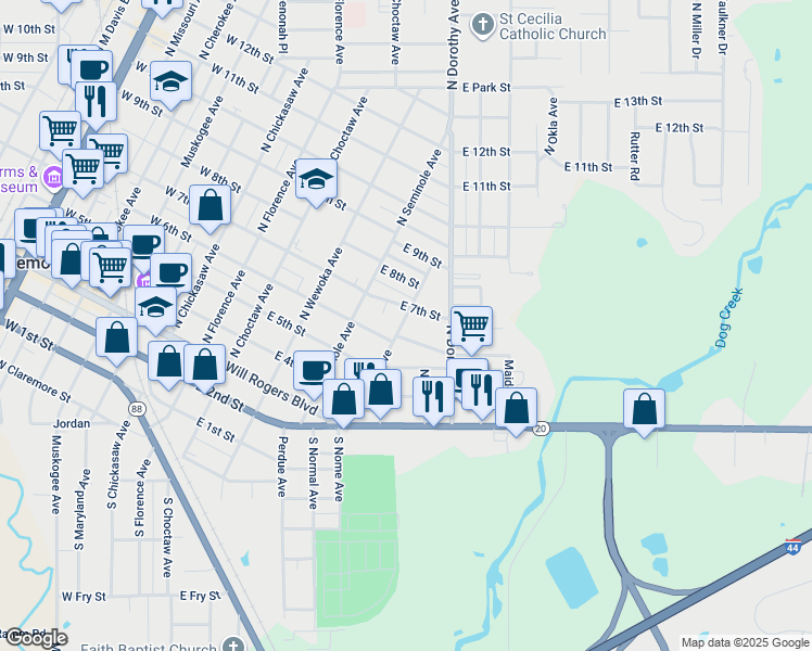 map of restaurants, bars, coffee shops, grocery stores, and more near 408 North Lavira Avenue in Claremore