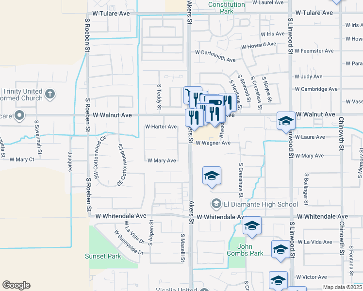 map of restaurants, bars, coffee shops, grocery stores, and more near 2222 South Maselli Street in Visalia