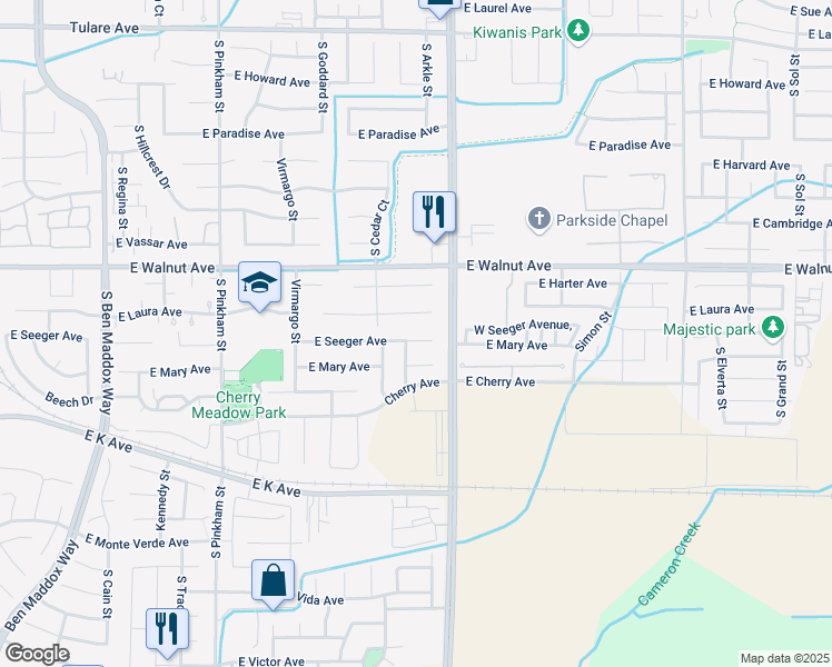 map of restaurants, bars, coffee shops, grocery stores, and more near 2740 East Seeger Avenue in Visalia