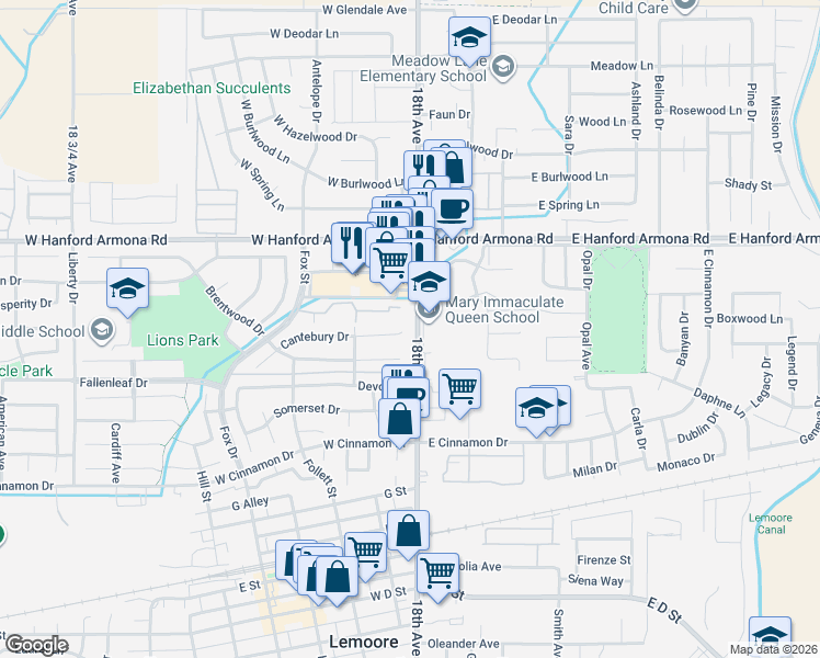 map of restaurants, bars, coffee shops, grocery stores, and more near 20 Cantebury Drive in Lemoore