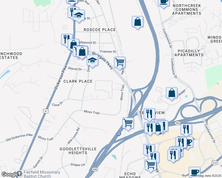 map of restaurants, bars, coffee shops, grocery stores, and more near 450 Moss Trail in Goodlettsville