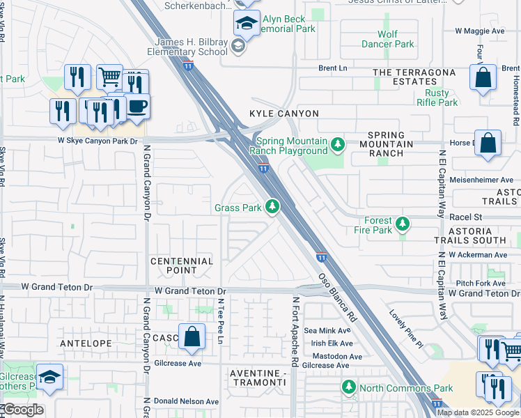 map of restaurants, bars, coffee shops, grocery stores, and more near 8229 Brilliant Pompon in Las Vegas