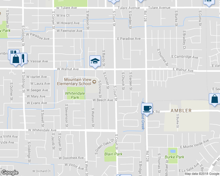 map of restaurants, bars, coffee shops, grocery stores, and more near 2214 South Locust Street in Visalia