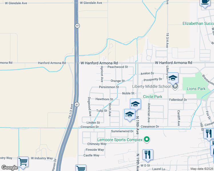 map of restaurants, bars, coffee shops, grocery stores, and more near 1546 Persimmon Street in Lemoore