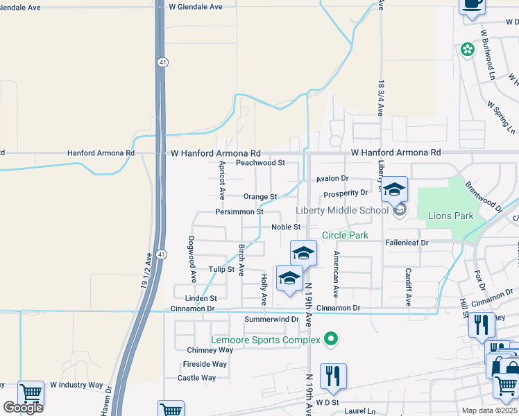 map of restaurants, bars, coffee shops, grocery stores, and more near 1436 Persimmon Street in Lemoore