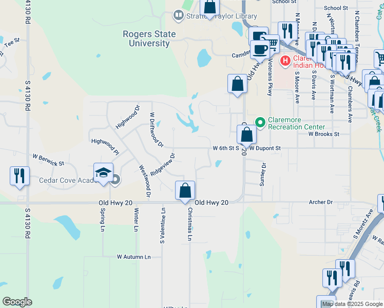 map of restaurants, bars, coffee shops, grocery stores, and more near 633 Earthside Circle in Claremore