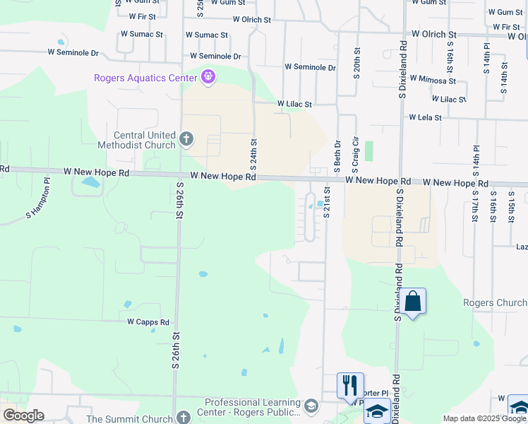 map of restaurants, bars, coffee shops, grocery stores, and more near 2206 West New Hope Road in Rogers