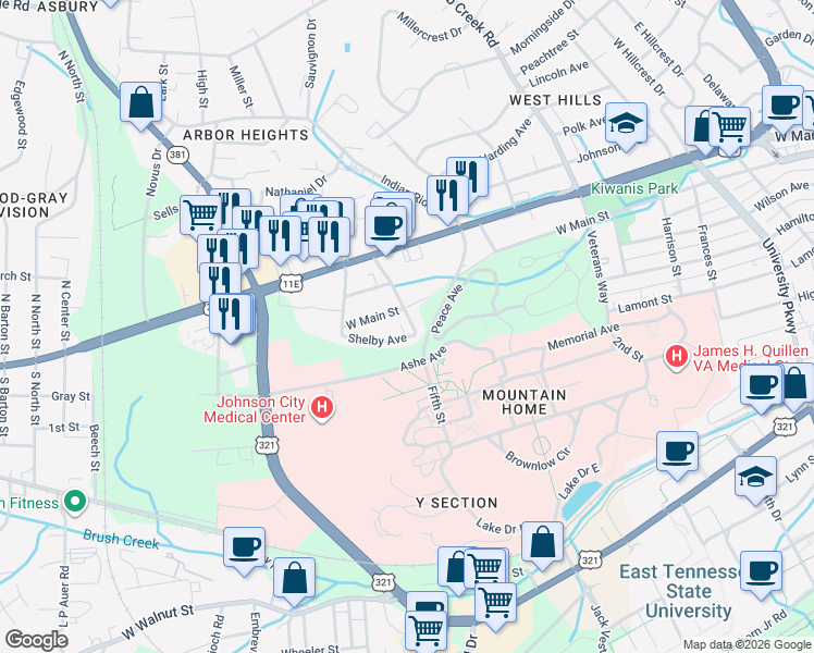 map of restaurants, bars, coffee shops, grocery stores, and more near in Johnson City