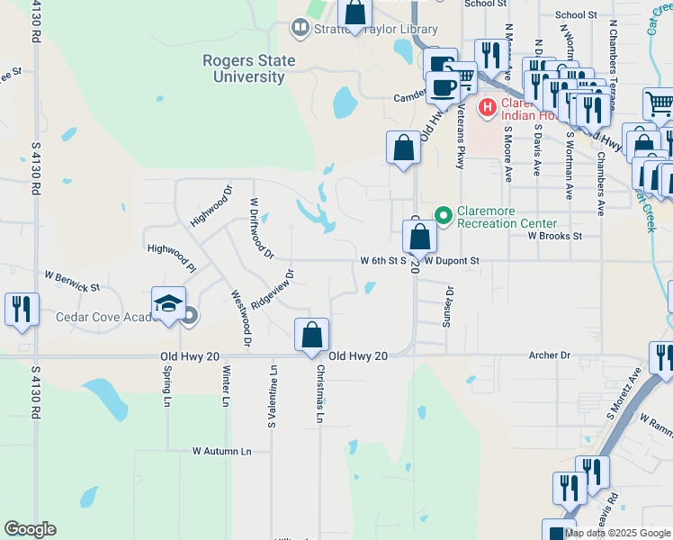 map of restaurants, bars, coffee shops, grocery stores, and more near 632 Earthside Circle in Claremore