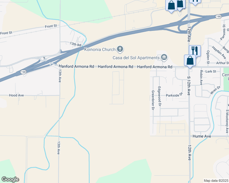 map of restaurants, bars, coffee shops, grocery stores, and more near 12589 Hanford Armona Road in Hanford