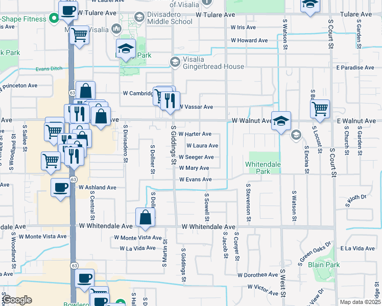 map of restaurants, bars, coffee shops, grocery stores, and more near 1136 West Seeger Avenue in Visalia