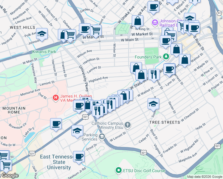 map of restaurants, bars, coffee shops, grocery stores, and more near 914 West Watauga Avenue in Johnson City