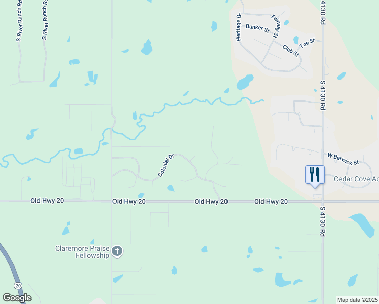 map of restaurants, bars, coffee shops, grocery stores, and more near 20608 Colonial Drive in Claremore