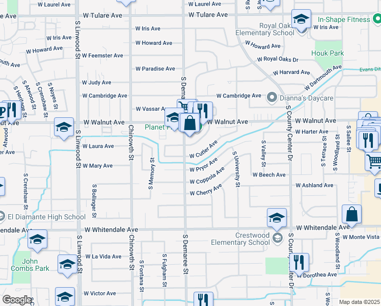 map of restaurants, bars, coffee shops, grocery stores, and more near 3626 West Cutler Avenue in Visalia