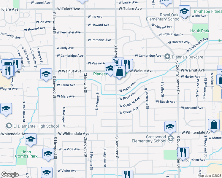 map of restaurants, bars, coffee shops, grocery stores, and more near 3732 West Cutler Avenue in Visalia