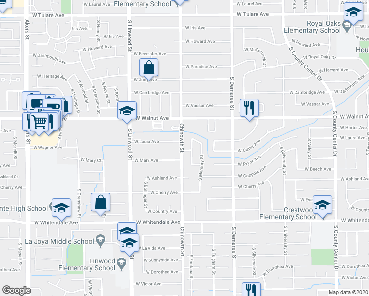 map of restaurants, bars, coffee shops, grocery stores, and more near 2214 Chinowth Street in Visalia