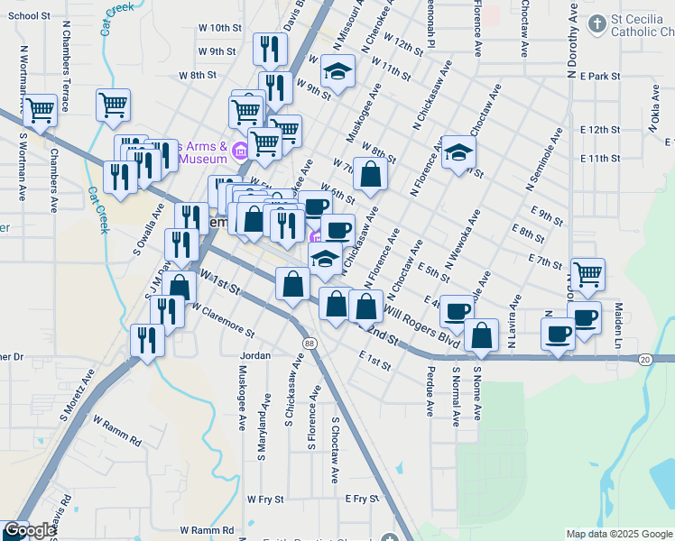 map of restaurants, bars, coffee shops, grocery stores, and more near 109 North Chickasaw Avenue in Claremore