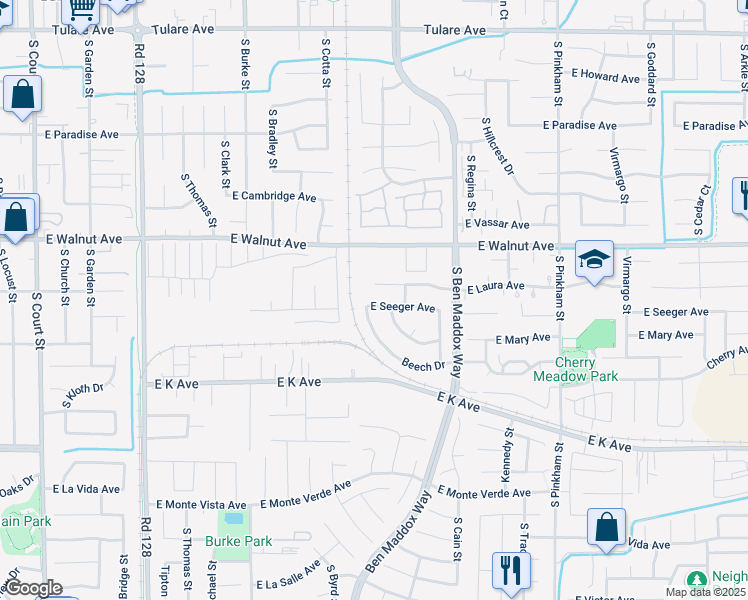 map of restaurants, bars, coffee shops, grocery stores, and more near 1340 East Seeger Avenue in Visalia