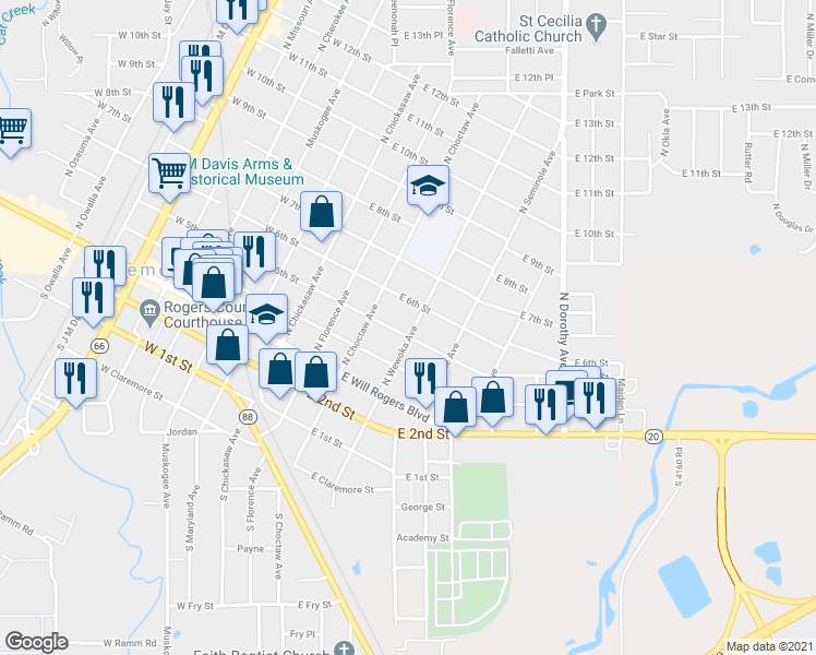 map of restaurants, bars, coffee shops, grocery stores, and more near 332 East 5th Street in Claremore