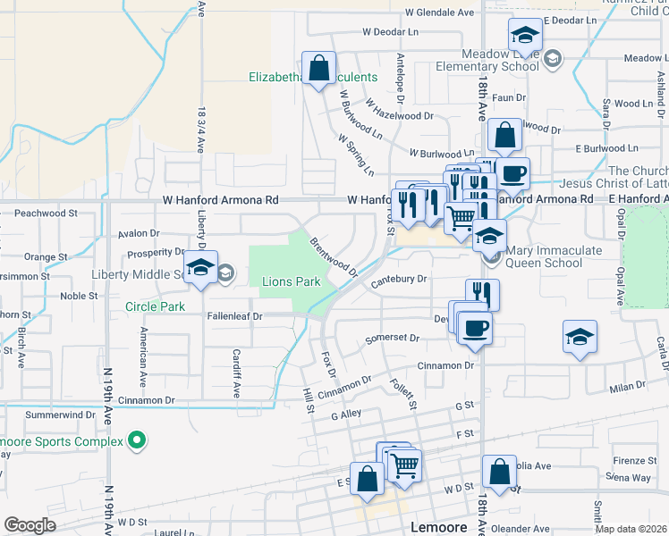map of restaurants, bars, coffee shops, grocery stores, and more near 360 Hanover Ave in Lemoore