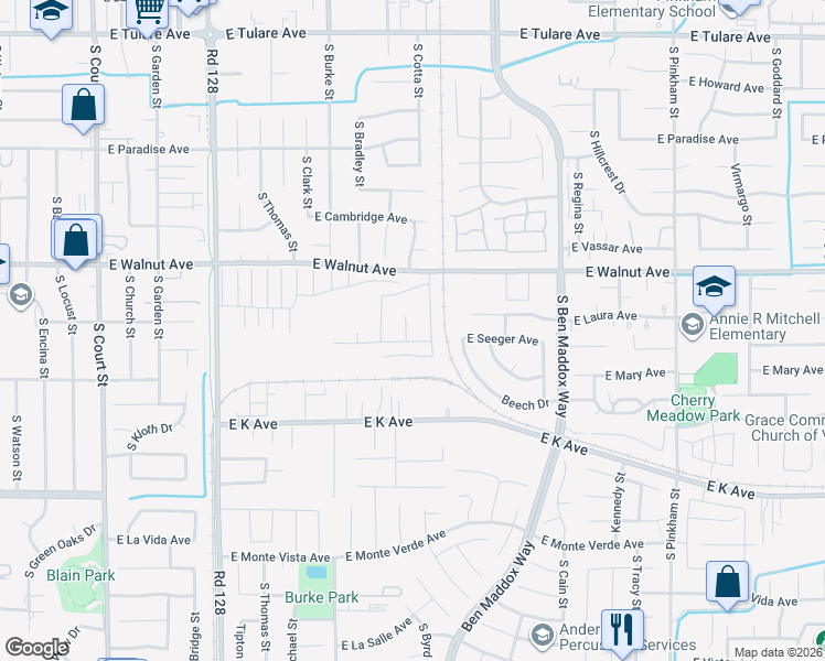 map of restaurants, bars, coffee shops, grocery stores, and more near 2301 Beech Drive in Visalia