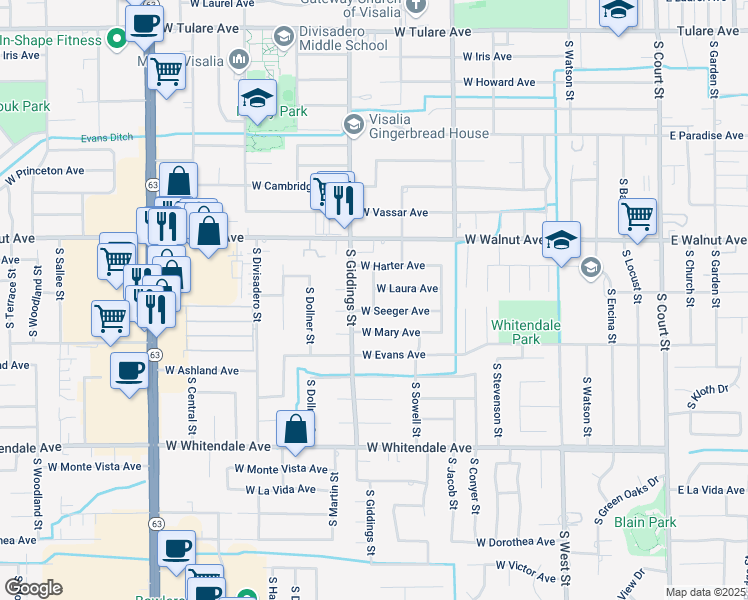 map of restaurants, bars, coffee shops, grocery stores, and more near 1136 West Seeger Avenue in Visalia